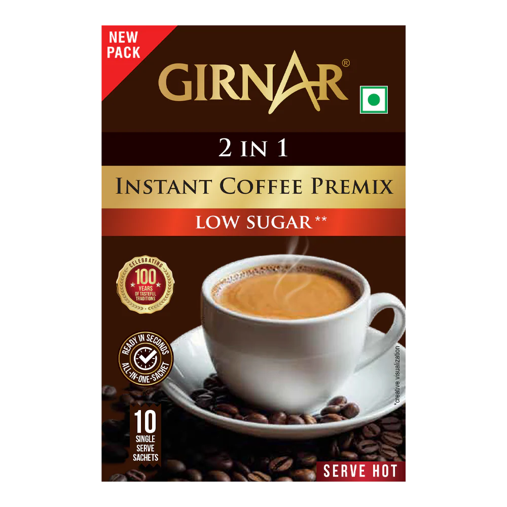 Girnar Instant Coffee 2 In 1 (10 Sachets - Low Sugar) - Image 4